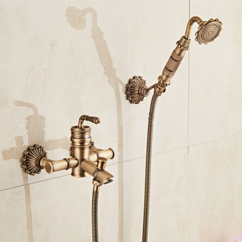 Free shipping Bathroom Faucet Wall Mounted Carving Hand Held Antique Brass Shower Head Kit
