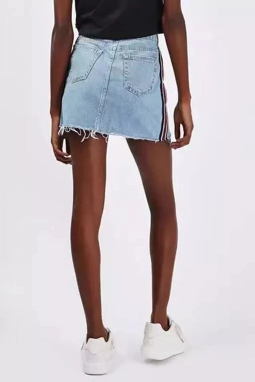 Увядшая джинсовая юбка Женская высокая уличная Высокая талия Сторона Полосатый faldas mujer moda трапециевидная мини джинсовые юбки женские