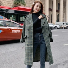 Зимнее корейское Женское пальто, винтажное элегантное шерстяное клетчатое пальто, модное Формальное тонкое длинное пальто с длинным рукавом для женщин