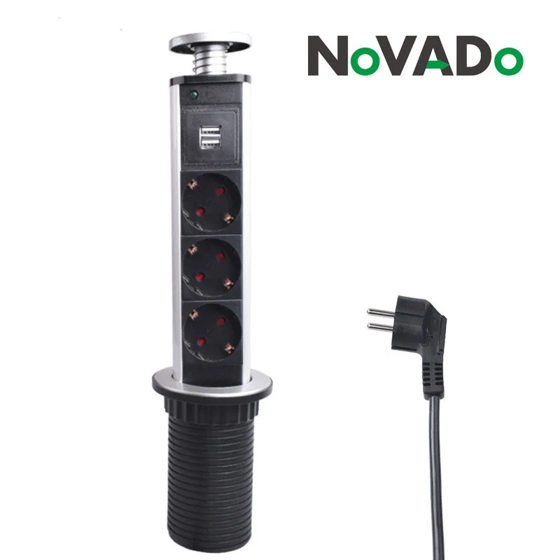 

Novado 16A PULL POP UP 3 Power Socket 2 USB Charging Port Kitchen Table Desktop Sockets Retractable Countertops Worktop EU Plug