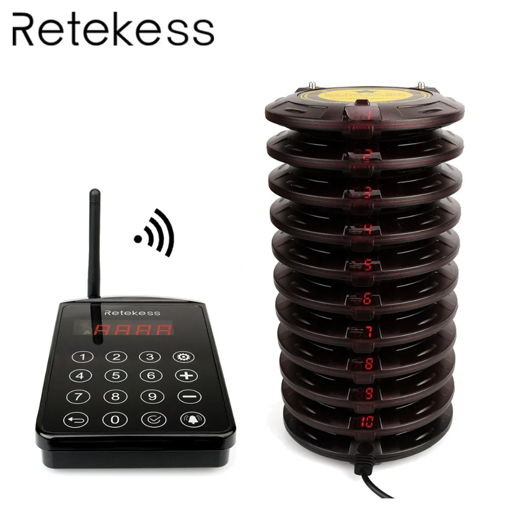 

RETEKESS TD103 Restaurant Coaster Pager Waiter Wireless Calling System With Touchable Keypad Transmitter + 10 Coaster Pagers