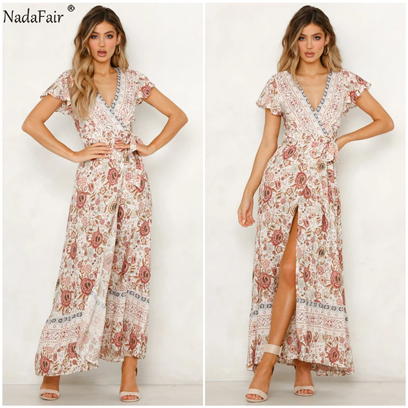 Nadafair Boho цветочное женское Макси платье с v-образным вырезом Сплит пляжное сексуальное длинное платье с поясом элегантные вечерние летние платья vestidos robe Femme