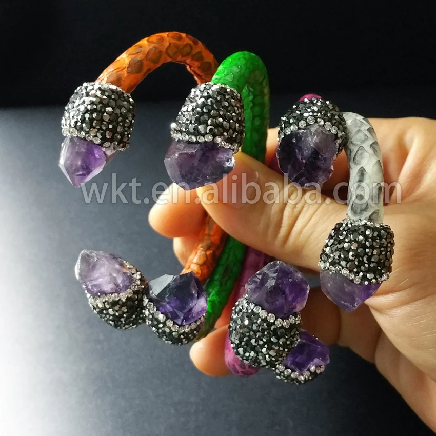

WT-B232 Wholesale Natural double stone point bangle fashion leather wrapped rhinestone beads bangle in multi color