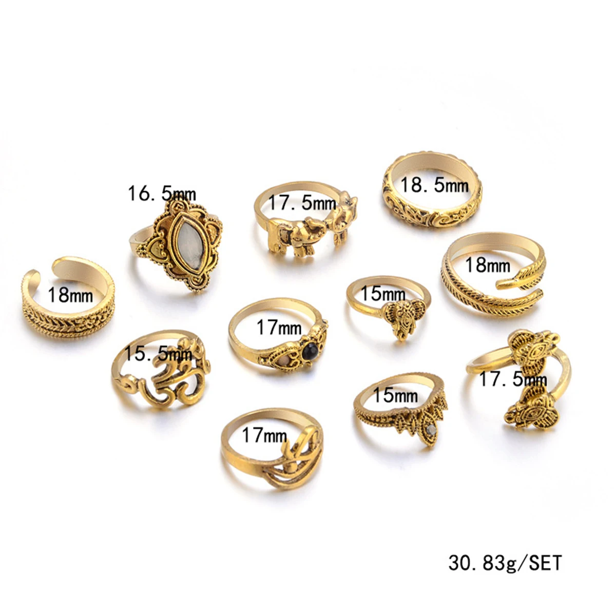 11pcs Vintage Elephant Leaf Crystal Punk Ring Sets Shellhard Boho Lady Finger Knuckle Stacking Midi Rings Set Femme Jewelry