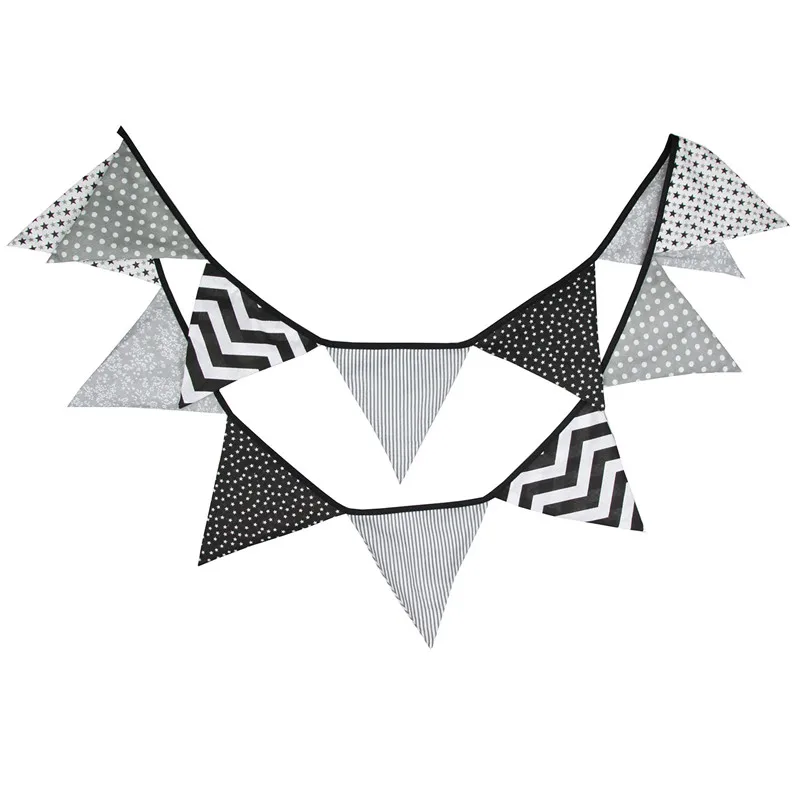 

12 Flags 3.2m Classical Black White Cotton Fabric Bunting Pennant Flags Banner Garland Baby Shower/Outdoor DIY Home Decoration