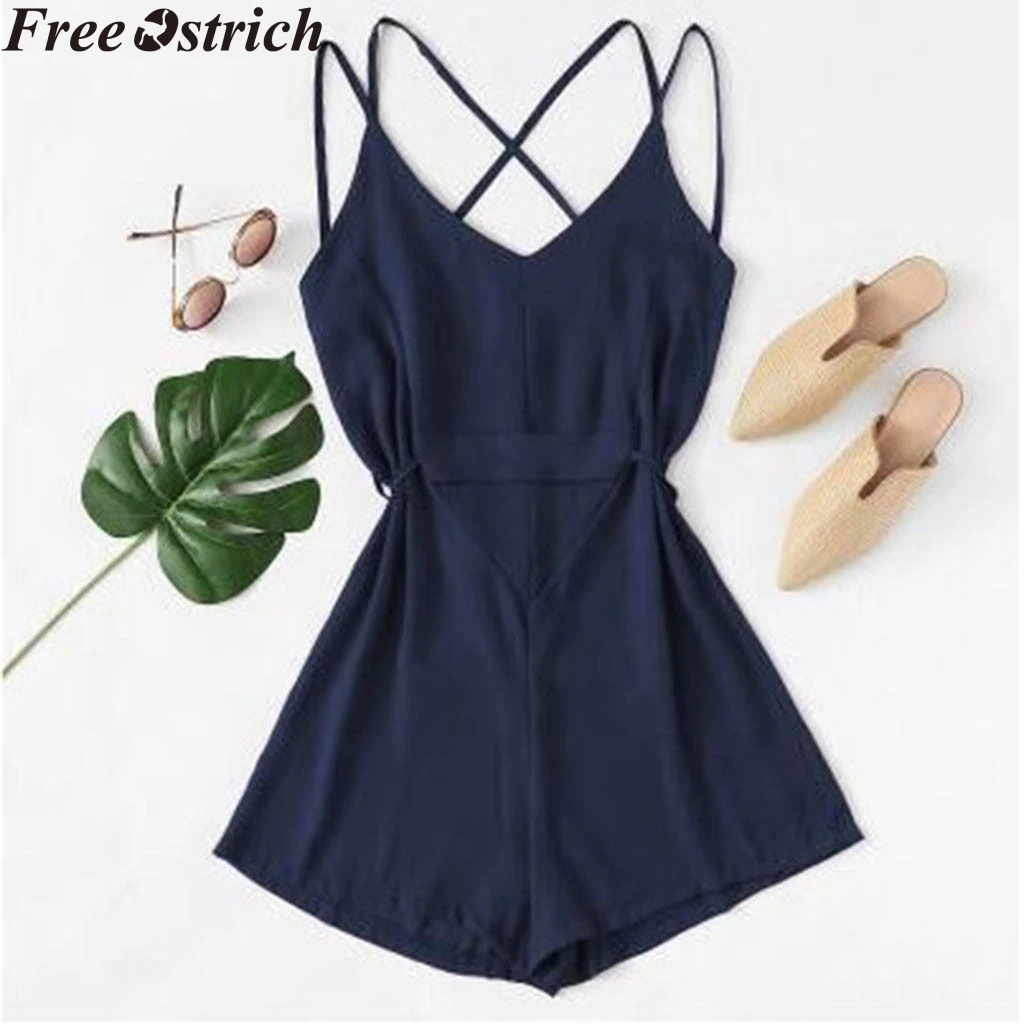 

Summer Sling Loose rompers jumpsuit high waist Short plus size fashion jumpsuit Solid color Ladies V-neck casual romper