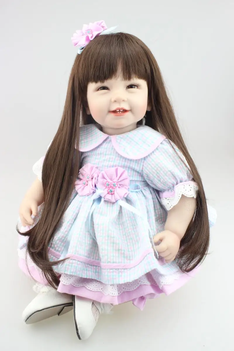 

NPK Bebe Reborn Smile Baby alive Boneca Doll 22 Inch silicone limbs cloth body Brown Long Hair Girl Dolls For Kids birthday Gift