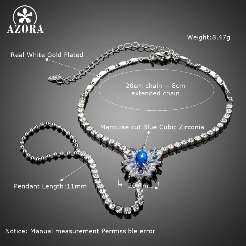 AZORA New Hand Blue Flower Bracelet Women Fashion Slave Bracelet Connect with Finger Palm Bracelet Chain Crystal Handlets TS0178