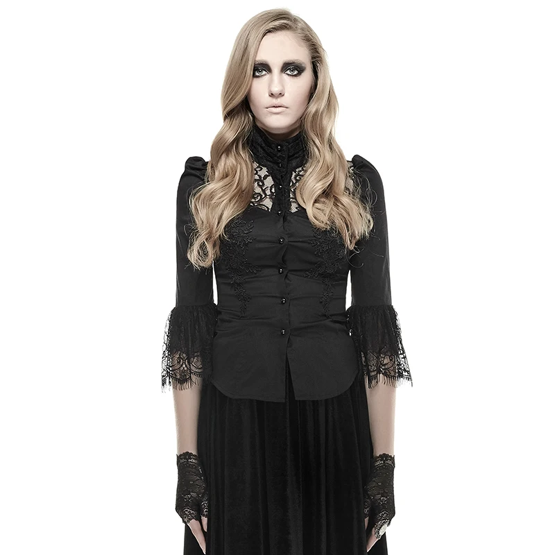 

Punk Rave Gothic Latest Design High Collar Soft textile Combination Lace Fabric Woman T-shirt