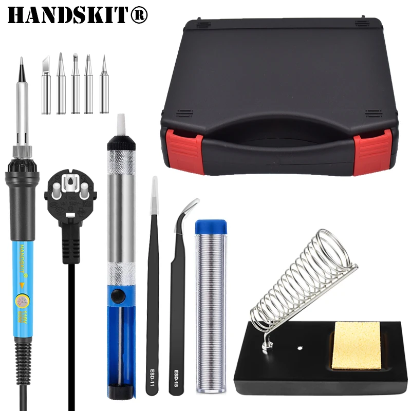 

EU Plug 60W 220V 110V Adjustable Temperature Electric Soldering Iron Kit Tips with desoldering pump solder stand and carry box