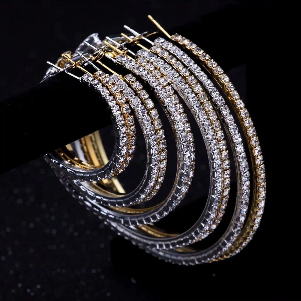 BLIJERY Fashion Full Rhinestone Circle Earrings Classic Big Circle Earrings Silver/Gold Color Crystal Hoop Earrings For Women