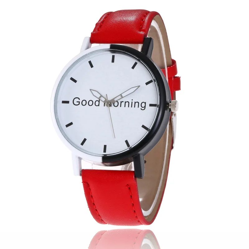 Doreen Box New Simple Women Watches &quotGood Morning&quot Printed Letter Clock PU Leather Wristwatches For Female Fashion Dress | Наручные