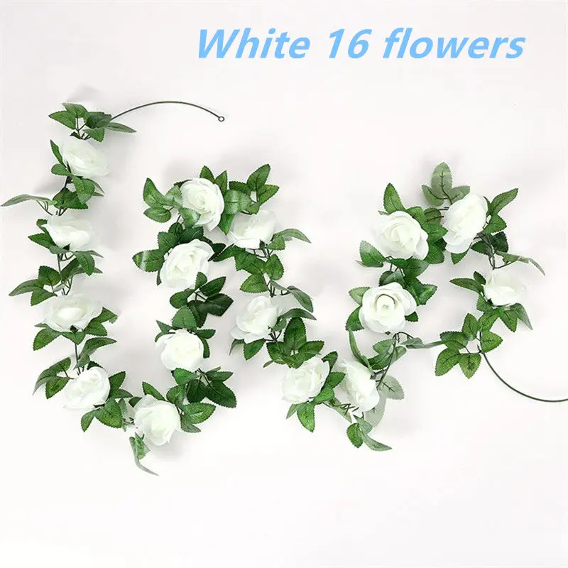 1pcs/lot 230-250cm Artificial Flowers Silk Roses Ivy Vine diy with Green Leaves Fake leaf artificial flowers for home decoration - Цвет: White -16 flower