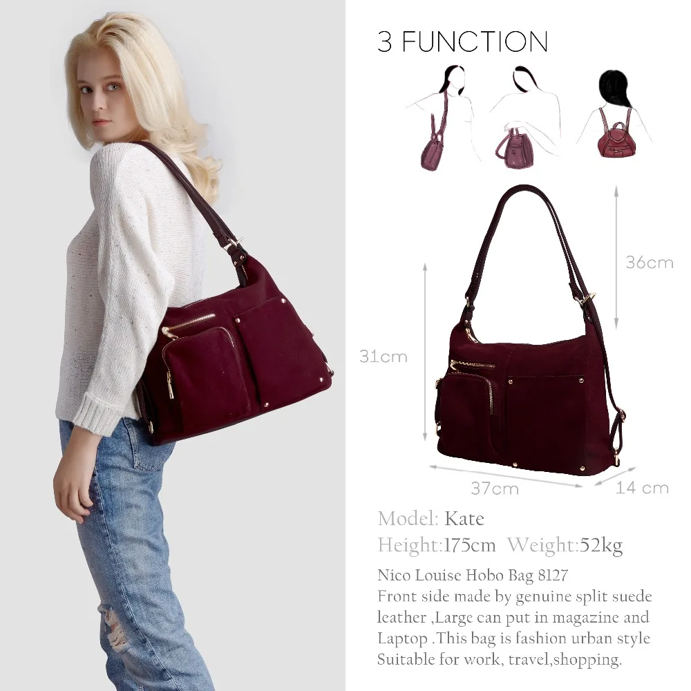 Nico Louise Women Real Split Suede Leather Shoulder Bag Female Split Suede Leather Shoulder Bag