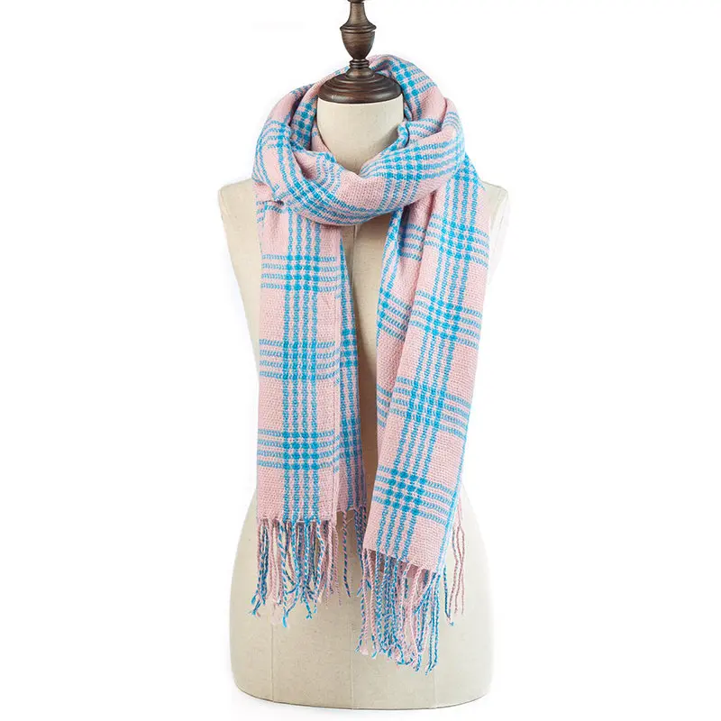Зимний шарф, модный женский шарф, роскошный клетчатый кашемировый шарф в полоску, женский длинный теплый шарф с кисточками - Цвет: Pink