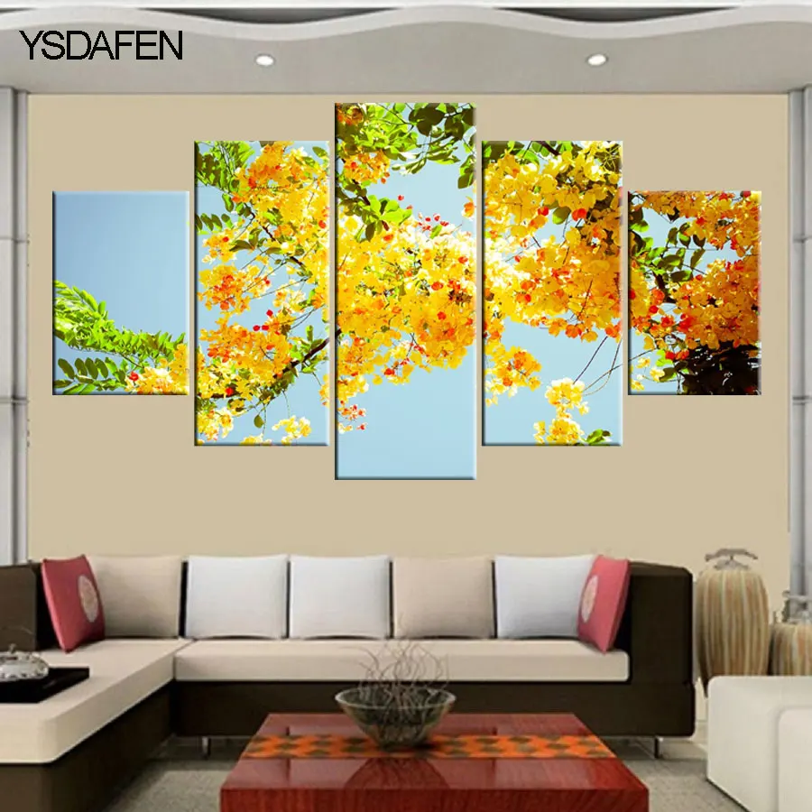 Buy 5 panel orange summer flowers canvas for HD
