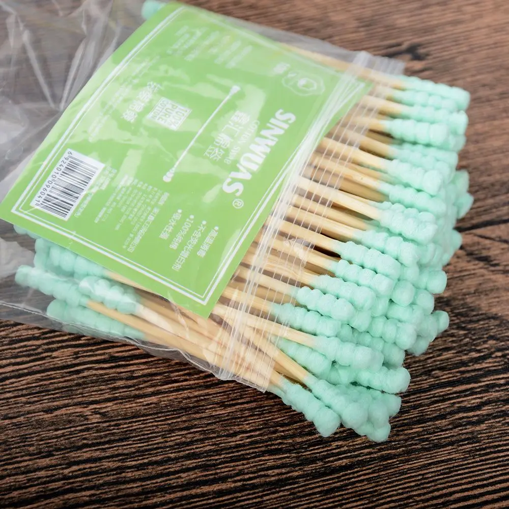 green 100pcs Wooden Double Tip Remover Cotton Swabs Buds Unique Design For Kids Wood Sticks Nose Ears Cleaning Health Care Tools - Цвет: green