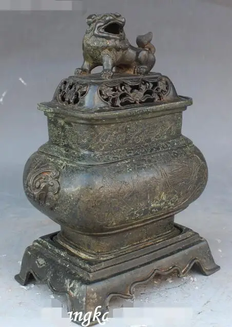 

10" Old China Bronze Antique Lion Lions Head Man Incense Burner Censer Incensory