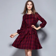 Msguide Womens Autumn Elegant Belted Tartan Check Plaid Lantern Sleeve Work Office Casual Party Thicken A-Line Swing Dress 876