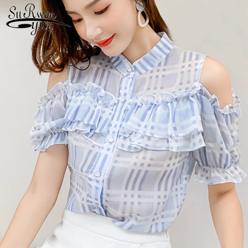 

blusas mujer de moda 2019 ruffles striped plaid chiffon blouse off shoulder top short sleeve women shirts ladies tops 4501 50