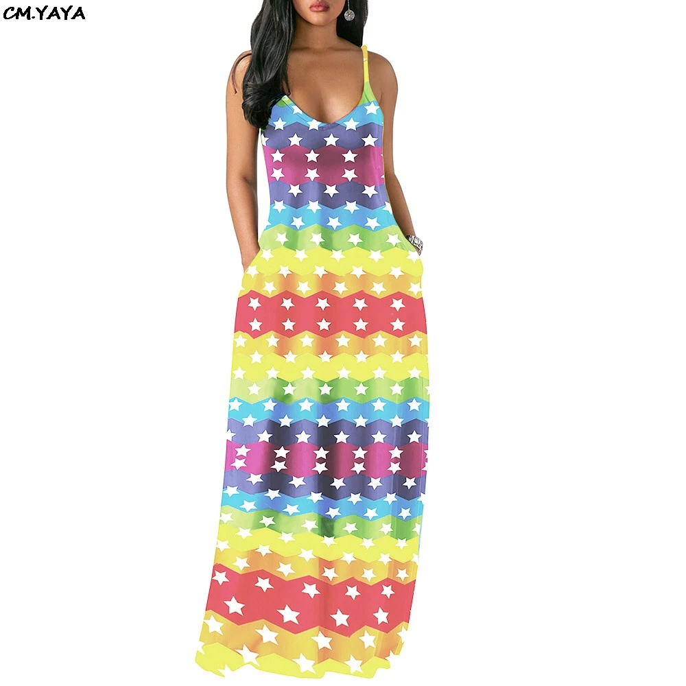 Женское летнее Радужное платье в полоску со звездами на тонких бретелях без рукавов пляжное модное длинное платье макси vestidos GLA6202