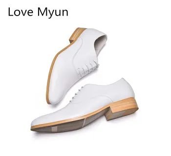 

New mens genuine leather dress shoes white balck oxfords round toe lace up wedding shoes high quality business casual work shoes