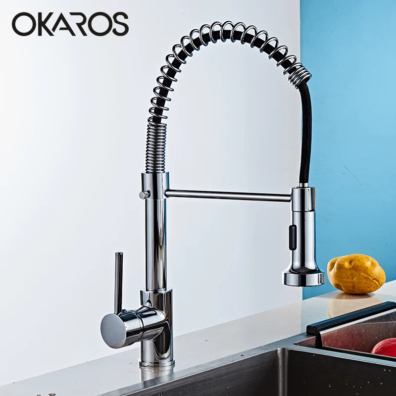  OKARO Chrome Finished Kitchen Faucet Pull Out Spring Style Swivel Dual Sprayer Outlet Nozzle Water  - 32845665475