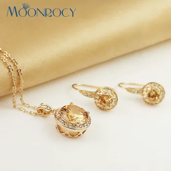 

MOONROCY Rose Gold Color Yellow Crystal Jewelry Set Necklace and Earring for women Gift Drop Shipping Jewelry wholesale