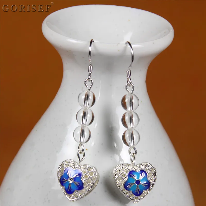 

Natural Crystal Cloisonne Heart-Shaped Earrings Chinese Traditional Craft Silver-plated Ear Hook Hypoallergenic Free Shipping