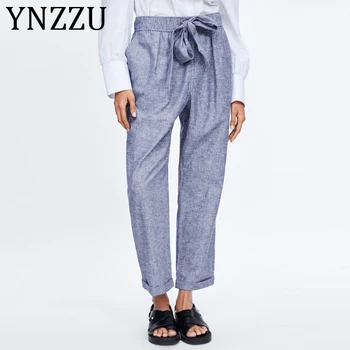 

YNZZU Cotton Linen Blue Pants Women Casual High Waist Elastic Bow Loose Long Pants 2019 Summer Autumn Female Pants AB179