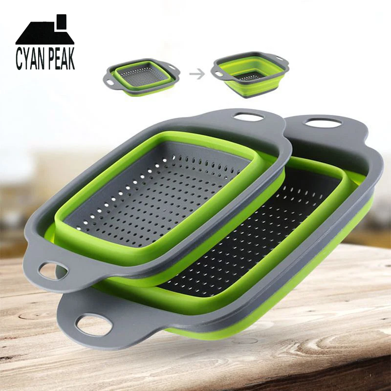

2pcs/set Foldable Fruit Vegetable Washing Drain Basket Strainer Portable Silicone Colander Collapsible Drainer Kitchen Tools