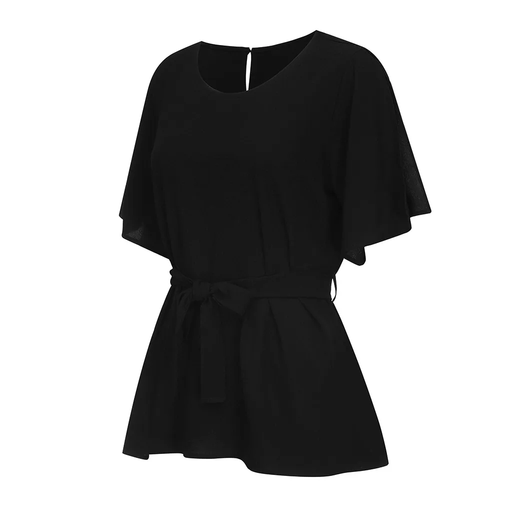 Женская блузка, модная Однотонная рубашка с короткими рукавами, с поясом, вязанная блузка, топы, blusas mujer de moda