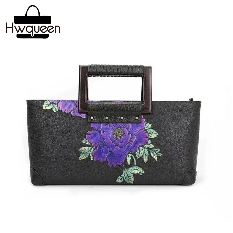 

Embossing Peony Flower Designer Zipper Closure Women Large Portable Pack Genuine Leather Female Shoulder Bag Lady Clutch Purse