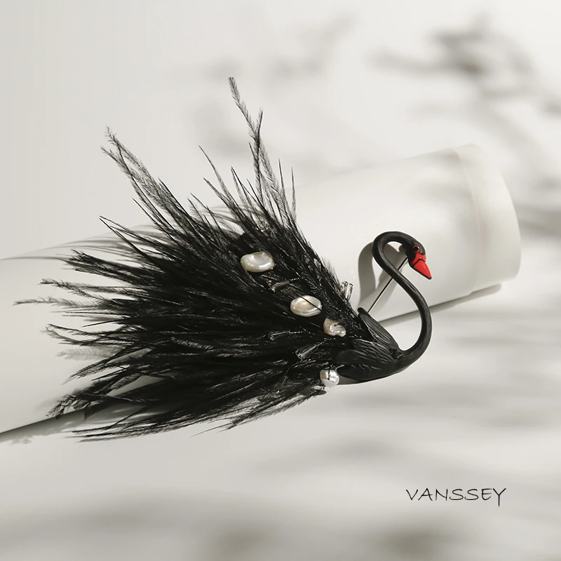 Vanssey, модное ювелирное изделие, ручная работа, птица, Черный лебедь, натуральный жемчуг, страусиный Страус, брошь, булавки, аксессуары для женщин, новинка