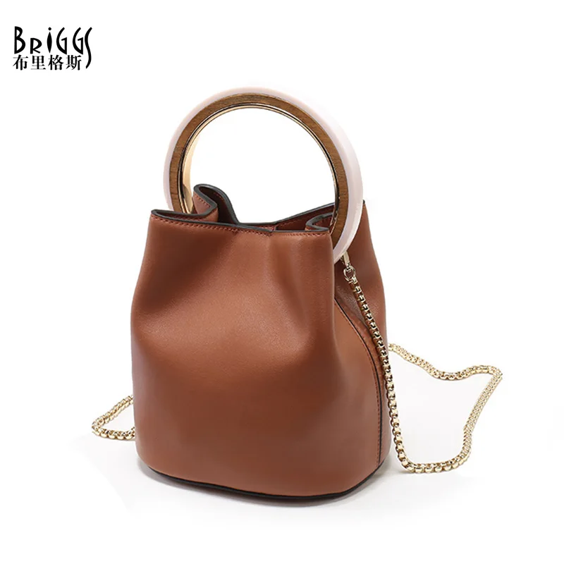 

BRIGGS Fashion Round Bucket Bag Genuine Leather Women Handbags Small Chains Shoulder Messenger Bag For Women