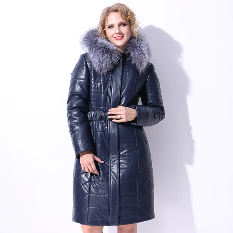 7XL зимняя женская куртка высокое качество толще большой размер длинное Настоящее кожаное пальто с капюшоном Настоящий Лисий Мех теплое пальто из натуральной кожи - Цвет: blue