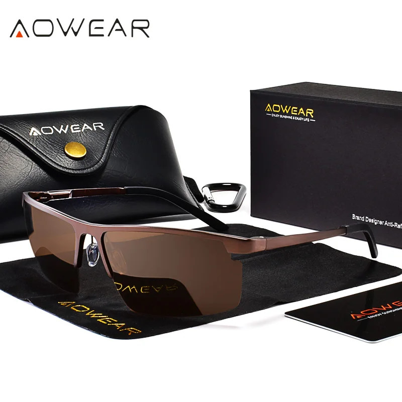AOWEAR, настоящие алюминиевые солнцезащитные очки без оправы, мужские поляризованные Uv400, высокое качество, зеркальные солнцезащитные очки для мужчин, роскошные Брендовые мужские очки - Цвет линз: C04 Brown
