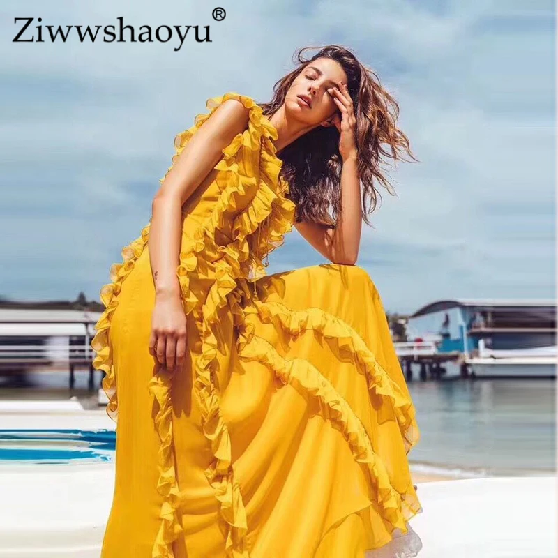 Ziwwshaoyu каникулы оборками Длинные платья v-образным вырезом облегающее элегантное тонкое пляжное платье Весна и лето новые женские