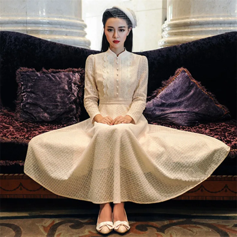

High Quality Explosions Leisure Vintage Elegant Dresses women Retro Embroidery Lace fullSleeve Spring summer Dress