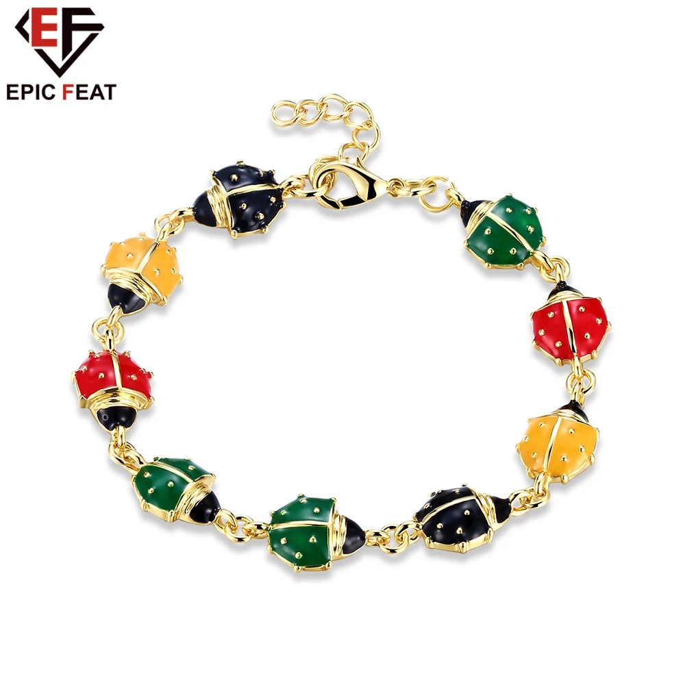 EPICFEAT NEW Ladybug Bracelets for Women Fine Gold Color Chain Colorful