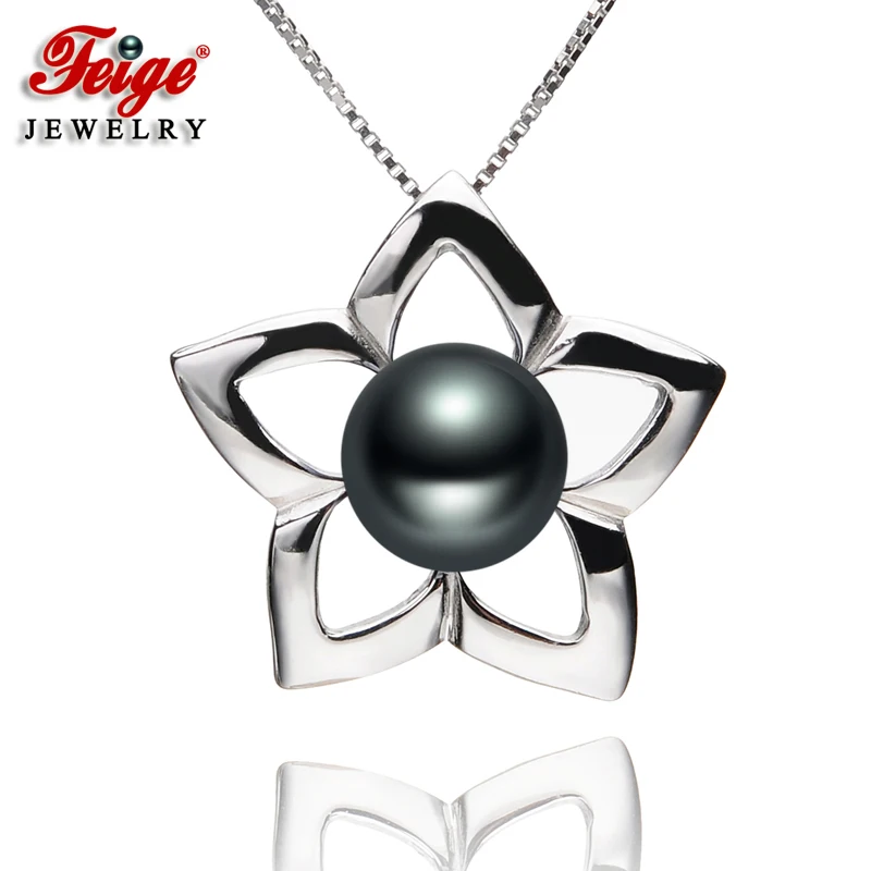 

Pentagram-shaped Pearl Pendant Necklaces 8-9mm Black Freshwater Pearls 100% Real 925 Silver Women's Pearl Fine Jewelry