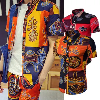 

2020 Ethnic Style Print Shirt Men Short Sleeve Cotton Button Up Breathable Retro Tops Street Vintage Men Hawaiian Shirts INCERUN