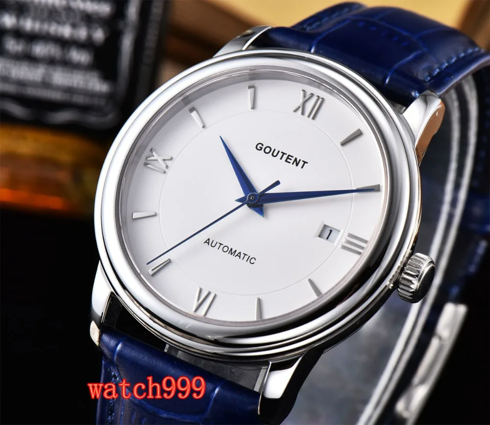 

40mm Goutent clock date White Sapphire crystal Luminous Leather strap Miyota Automatic Mens Watch