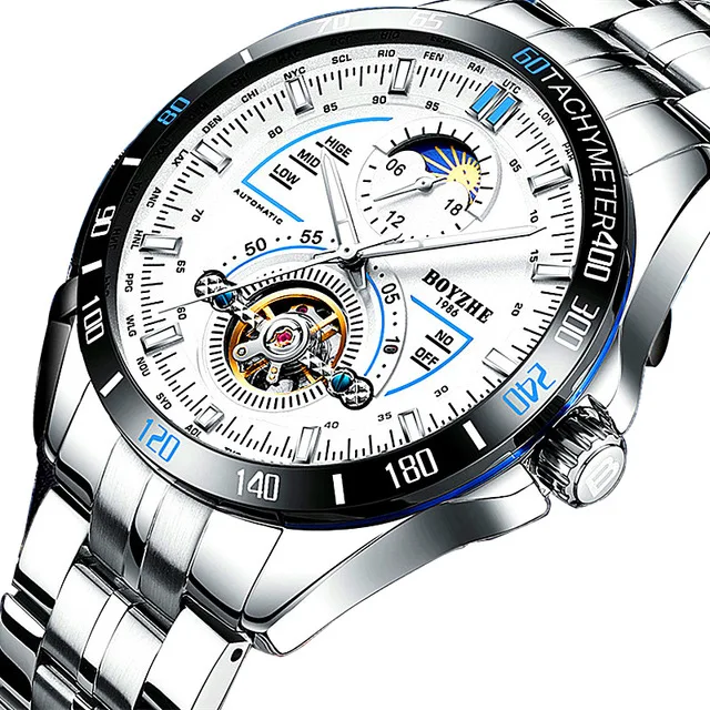 Мужские автоматические механические модные BOYZHE лучший бренд спортивные наручные часы Tourbillon Moon Phase из нержавеющей стали часы Relogio Masculino - Цвет: Steel Silver White