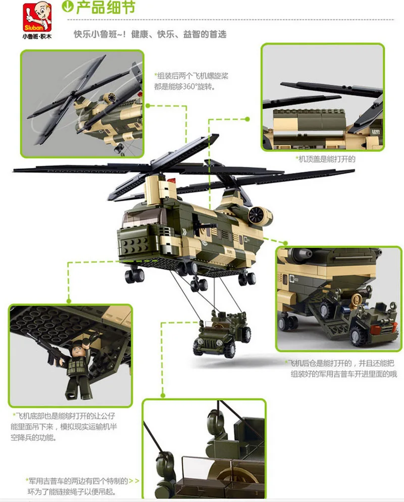 Sluban M38-B0508 военно-воздушные силы, армия CH-47 транспорт вертолет строительство 3D модель строительные блоки игрушки набор для детей мальчиков