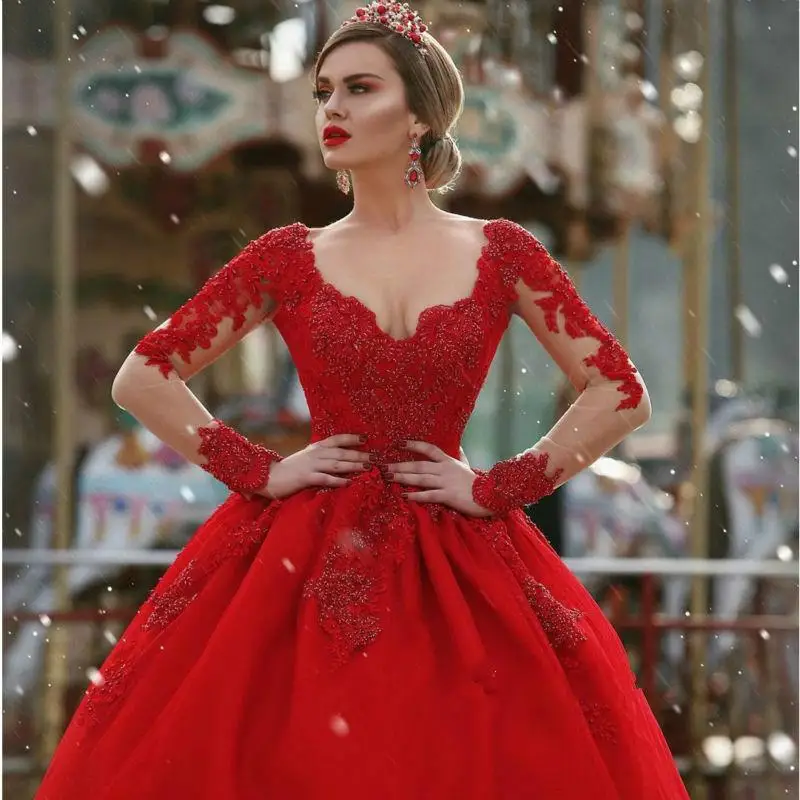 

2019 A Line Red Dubai Arabic Lace Pearls Appliques Deep V Neck Country Bridal Gowns Sweep Train Long Sleeve Wedding dresses