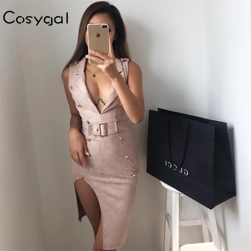 

COSYGAL Autumn Winter Suede Dress Women Deep V Neck Side Split Sexy Dresses Rivet Club Party Dresses With Belt