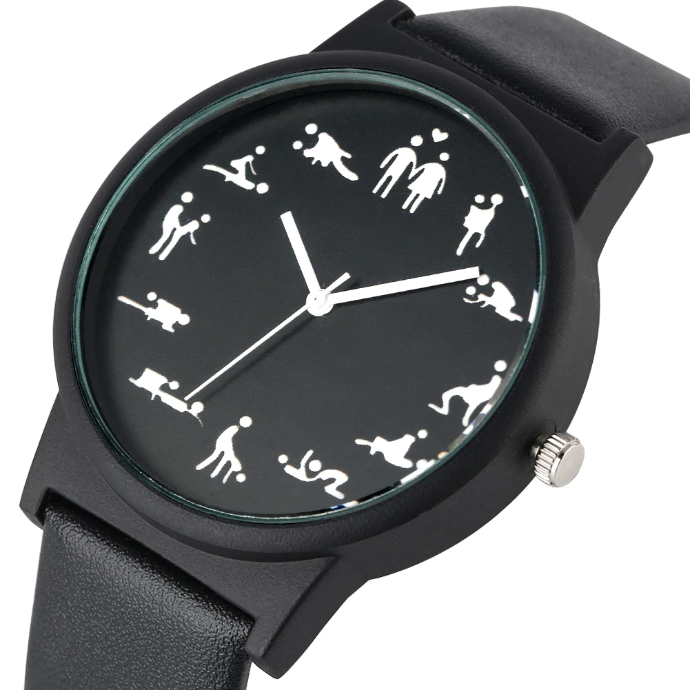 Креативные забавные кварцевые часы для мужчин с черным циферблатом кварцевые часы удобные черные Кожаный ремешок наручные часы для мужчин