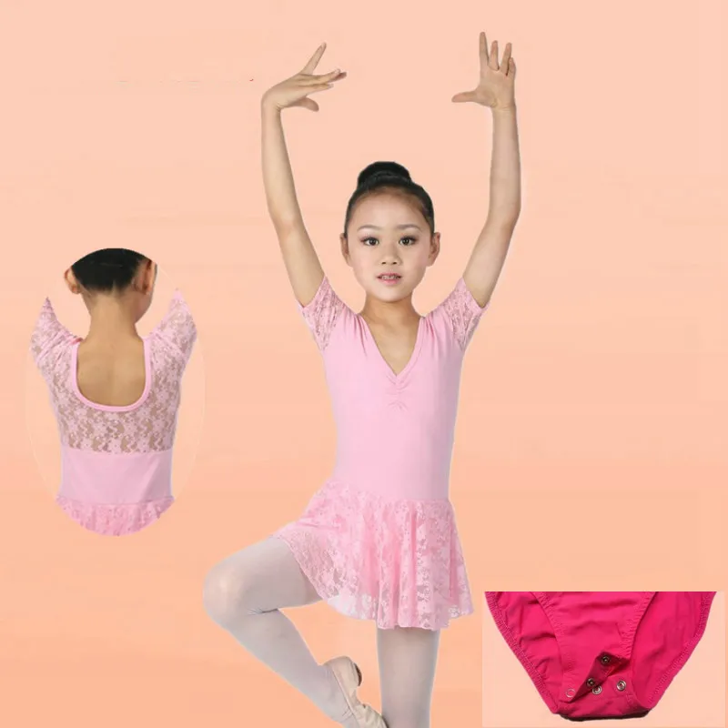 Гимнастическое трико с короткими рукавами для девочек; балетное кружевное платье-пачка; детский хлопковый костюм для танцевального конкурса; детская Одежда для танцев - Цвет: Pink