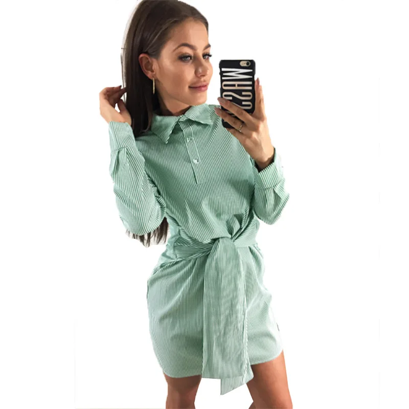 

New 2018 Autumn Striped Shirt Dress Women Casual Long Sleeve Turn-down Collar Sashes Dresses Sexy Slim Wrap Dresses Vestidos